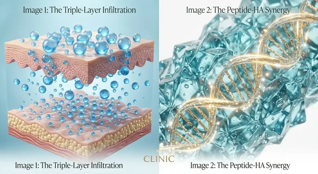 Multi-Molecular Hyaluronic Complex: Professional-Grade Hydration 2 The Peptide-HA Synergy: Establishing a multi-layered moisture matrix to simultaneously repair the surface barrier and flood deeper dermal layers, creating the essential foundation for optimizing peptide synthesis.