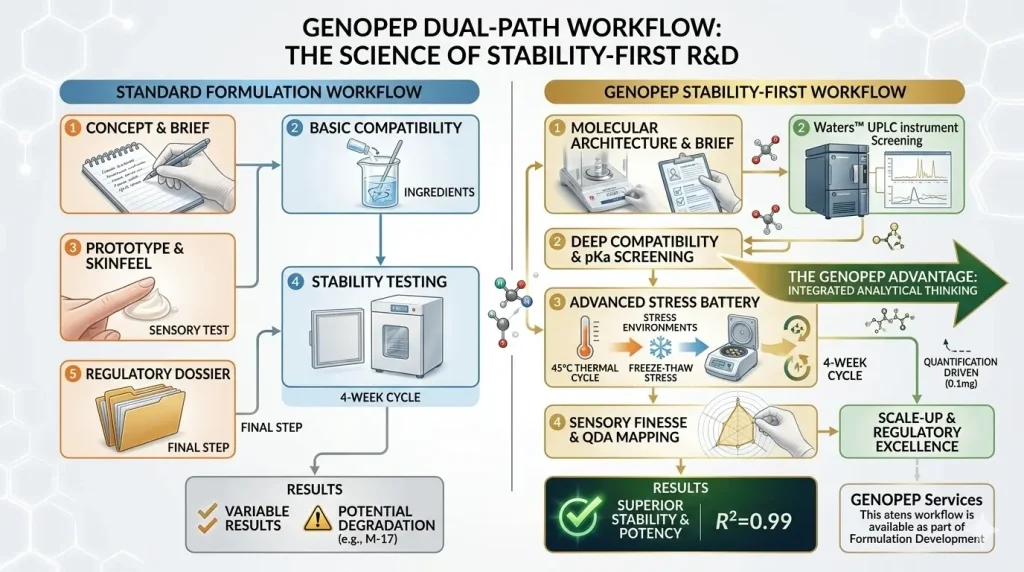 From Concept to Clinical Grade: Navigating the GENOPEP Cosmetic Formulation Journey 2 GENOPEP DUAL-PATH WORKFLOWTHE SCIENCE OF STABILITY-FIRST R&D