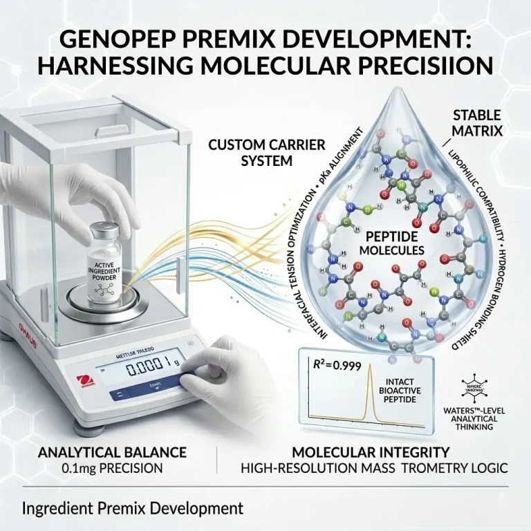 Engineering Molecular Harmony: Advanced Ingredient Premix and Complex Development 3 Master the molecular mechanics of your actives. GENOPEP offers specialized ingredient premix development, using high-precision analytical logic to solve solubility and stability challenges in complex cosmetic bases.