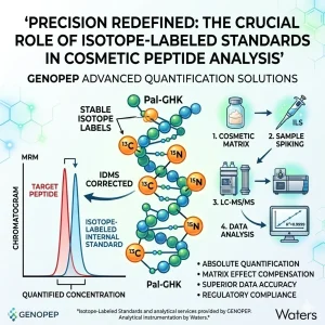 Discover how Isotope-Labeled Standards revolutionize cosmetic peptide quantification. Explore GENOPEP’s high-precision IDMS solutions for superior stability and regulatory compliance in skincare R&D.