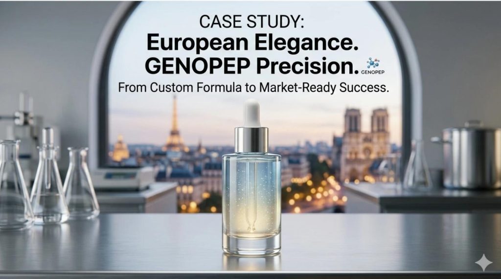 Case Study: Developing a Custom Peptide Complex for a Premium European Skincare Brand 1 GENOPEP scientists collaborating on custom peptide complex development for a European clean beauty skincare brand in a modern laboratory setting.