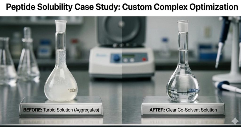 Case Study: Developing a Custom Peptide Complex for a Premium European Skincare Brand 2 Peptide solubility solved using co-solvency technology: clear peptide pre-solution without alcohol or harsh solubilizers for clean beauty formulations.