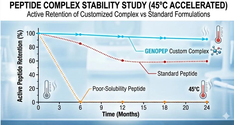 Case Study: Developing a Custom Peptide Complex for a Premium European Skincare Brand 4 Peptide stability engineering using pH buffering and charge stabilization to prevent degradation in complex cosmetic formulations at 45°C.