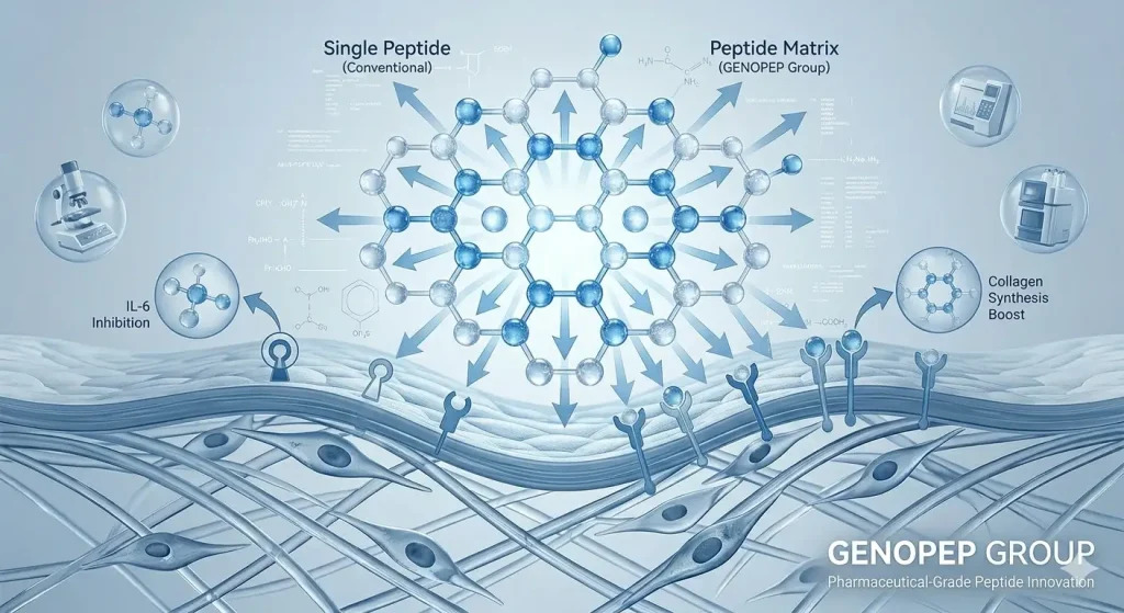 The Rise of Multi-Peptide Complexes in Premium Skincare: Why Synergistic Matrices are Redefining the Market 2 Scientific illustration of peptide synergistic mechanism boosting collagen synthesis and inhibiting inflammatory factors.